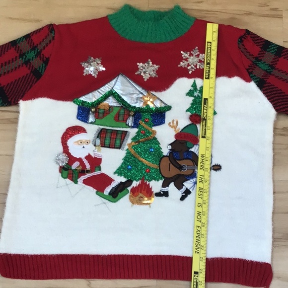 Merry & Bright Fuzzy Embroidered Santa Rudolph Camp Funny Ugly Christmas Sweater - Picture 10 of 13